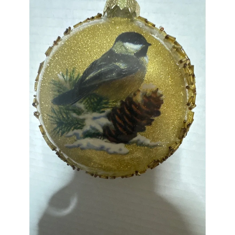 Gold Chickadee Bird Glass Disc Christmas Ornament Beaded Edge Pinecone Winter
